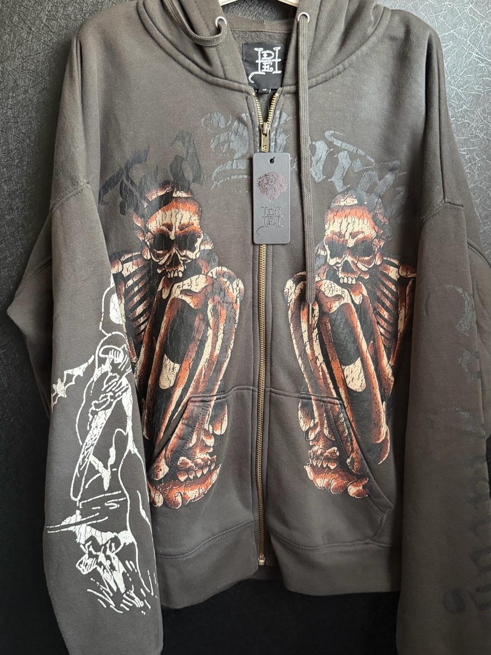 Ed Hardy Brown Zip-Up Hoodie with Skull Graphic